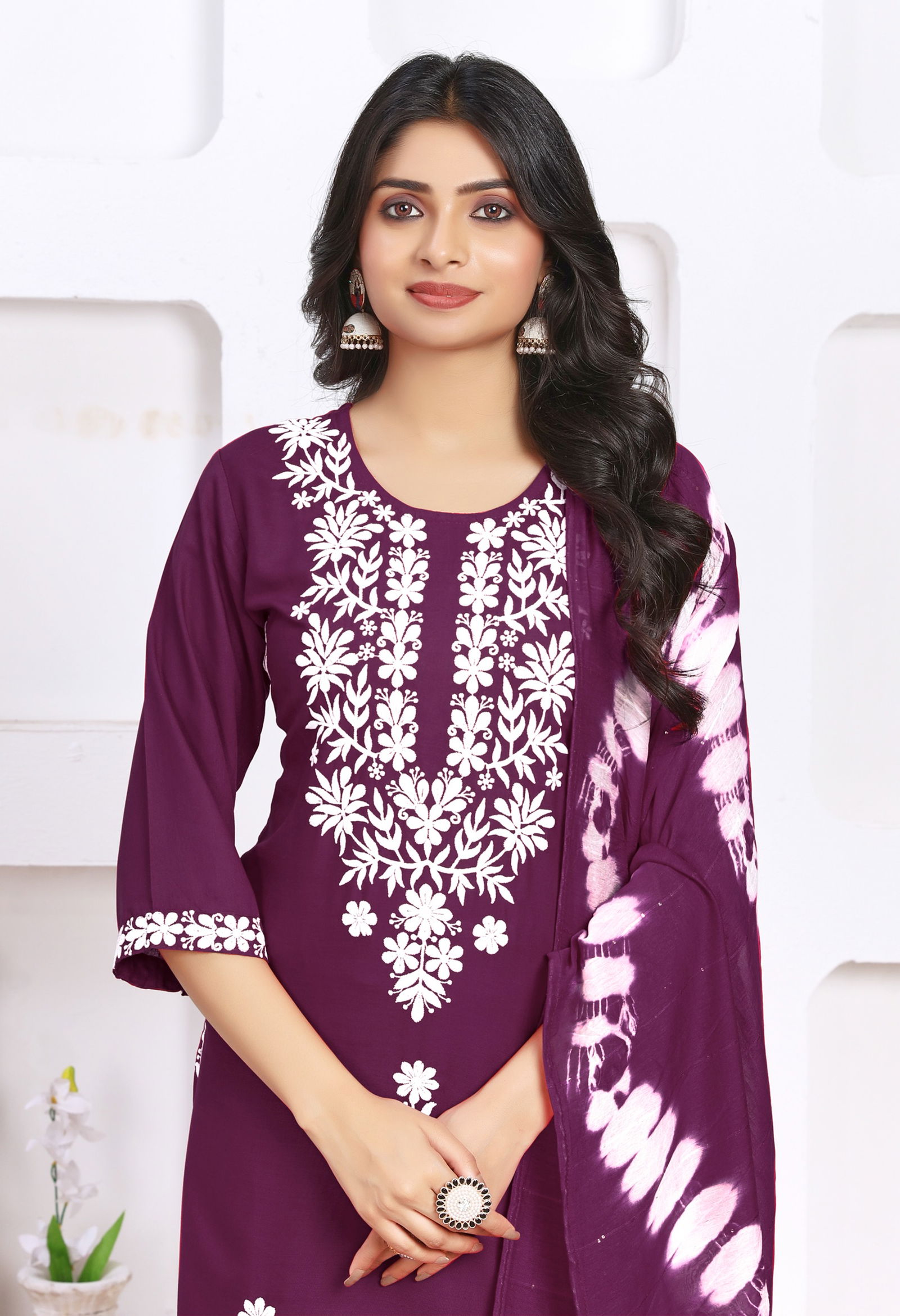 White Thread Pearl Viscose Rayon Designer Kurti With Bottom Dupatta Wholesale Shop In Surat